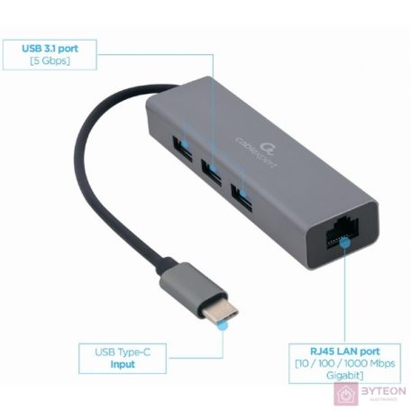 GEMBIRD A-CMU3-LAN-01 USB-C Gigabit network adapter with 3-port USB 3.1 hub