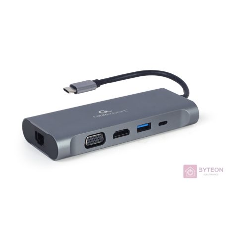 GEMBIRD A-CM-COMBO7-01 Multi Port Adapter USB Type C Hub3.0 HDMI VGA PD card reader stereo audio space grey