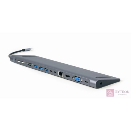 GEMBIRD A-CM-COMBO9-01 USB Type C 9in1 multi port adapter USB hub HDMI VGA PD card reader LAN 3.5mm audio space grey