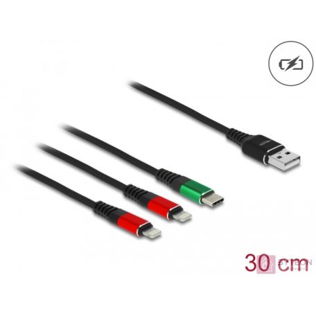 Delock 30 cm hosszú, USB töltő kábel 3 az 1 A-típusú apa 2 x Lightning -, es USB Type-C csatlakozáshoz