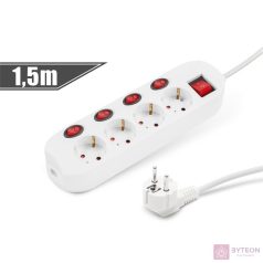   Hálózati elosztó Hosszabbító 1.5m 4-es 4+1 kapcsoló, 250V/16A fehér