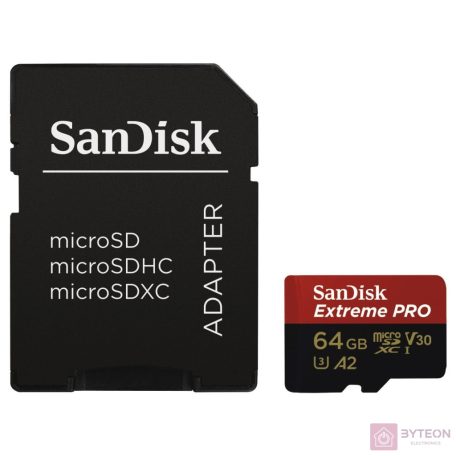 EXTREME PRO MICROSDXC 64GB+SD ADAPTER 200MB/S 90MB/S A2 C10 V3