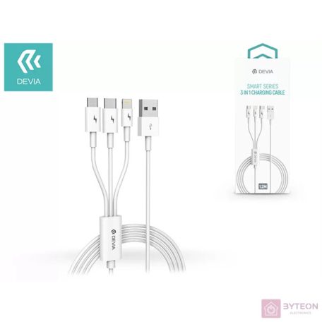 Devia Smart Series 3in1 USB apa - Lightning/MicroUSB/USB-C apa Adat- és töltőkábel 1.2m - Fehér