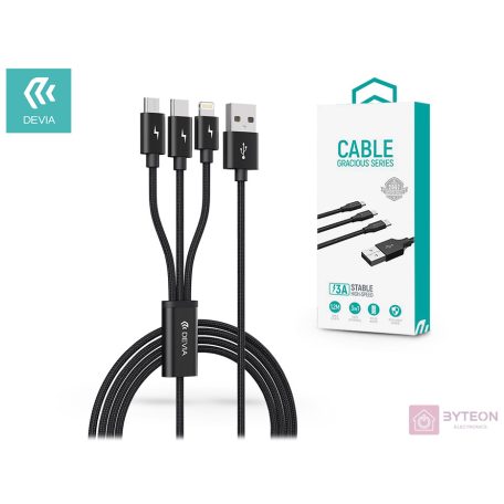 Devia Gracious Series 3in1 USB apa - Lightning/microUSB/USB-C apa Töltő- és adatkábel 1.2m - Fekete