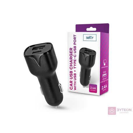Setty Autós USB-A + USB-C töltő (5V / 2.4A) Fekete