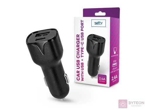 Setty Autós USB-A + USB-C töltő (5V / 2.4A) Fekete