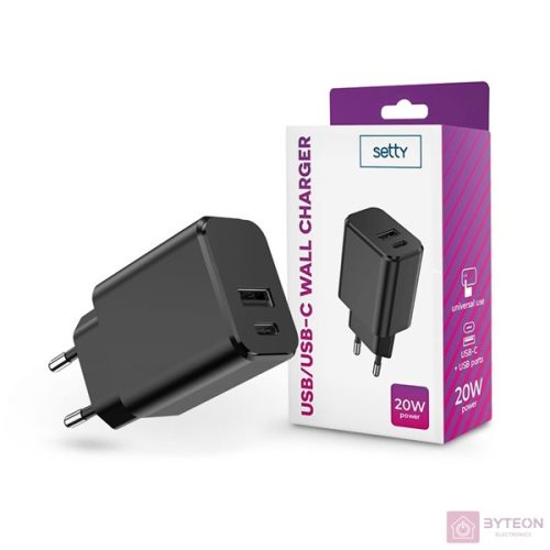 Setty Hálózati Type-C + USB töltő - Fekete (20W)