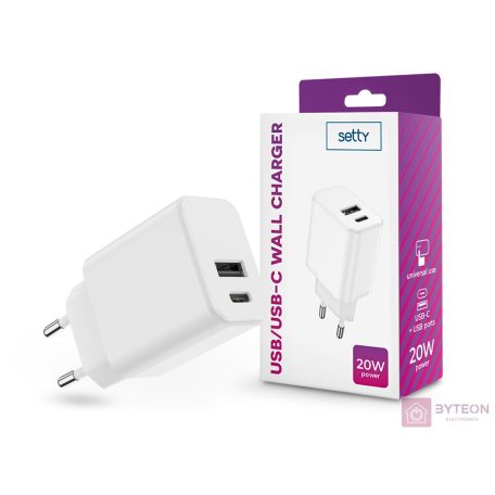 Setty TF-0121 Hálózati USB-C / USB-A töltő - Fehér (20W)