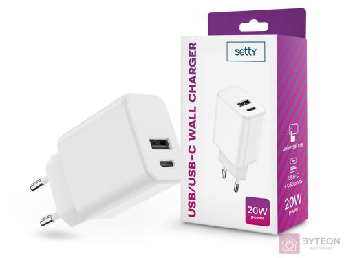 Setty TF-0121 Hálózati USB-C / USB-A töltő - Fehér (20W)