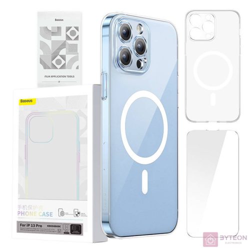 Phone case Baseus Magnetic Crystal Clear for iPhone 13 Pro (transparent) with all-tempered-glass screen protector and cleaning kit