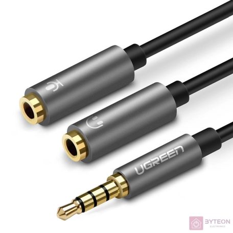 AUX UGREEN audio elosztó 3,5 mm-es mini jack kábel (dugasz) fejhallgatóhoz + mikrofonhoz (ajka), 20 cm (fekete)