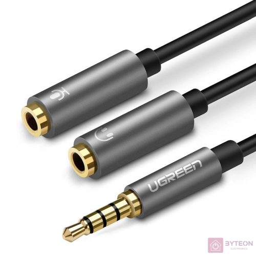 AUX UGREEN audio elosztó 3,5 mm-es mini jack kábel (dugasz) fejhallgatóhoz + mikrofonhoz (ajka), 20 cm (fekete)