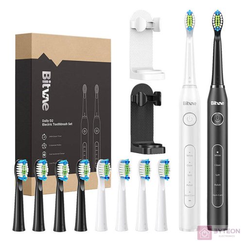 Sonic toothbrushes with tips set and 2 toothbrush holders Bitvae D2+D2 (white and black)