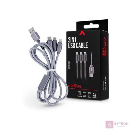 Maxlife TF-0168 1m 3in1 Lightning/microUSB/Type C 2A ezüst adat- és töltőkábel