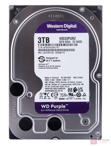 Western Digital 3,5" 3000GB belső SATAIII 5400RPM 256MB PURPLE WD33PURZ winchester 3 év