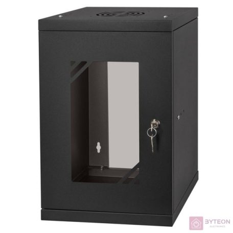 Stalflex RC10-9U-300GB 10" 9U 300 mm mély lapraszerelt fekete üveg ajtós fali rack szekrény