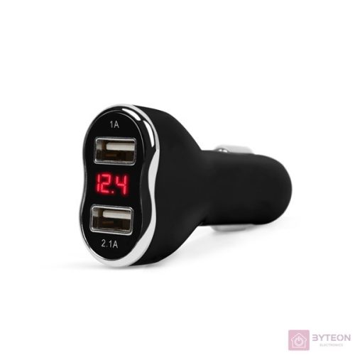 MNC 55054BK Autós szivargyújtó adapter 2xUSB feszültségmérővel és árammérővel fekete