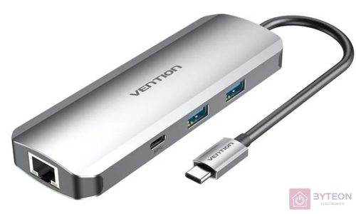 USB-C Docking Station to HDMI, USB-C, 2x USB3.0, RJ45, SD, TF, TRRS 3.5mm, PD 0.15m Vention TOMHB (gray)