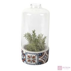   Mediterrán stílusú kerámia virágcserép üvegbúrával, portugál mozaik mintával, kültéri és beltéri dekorációs kiegészítő