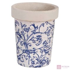   Mediterrán stílusú kerámia virágcserép, kék fehér mintás, 12 cm átmérőjű, kültéri és beltéri dekorációs kiegészítő