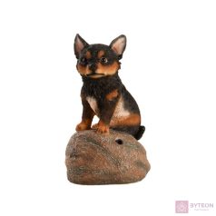   Kövön ülő ugató corgi kiskutya polyresin szobor, fekete, kültéri és beltéri dekorációs kiegészítő
