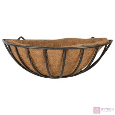   Fali félkör alakú fém virágtartó kosár, kókuszrost betéttel, 50 x 20 cm