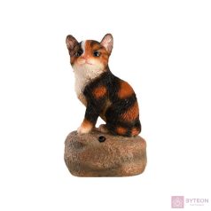   Kövön ülő nyávogó kiscica polyresin szobor, tarka, kültéri és beltéri dekorációs kiegészítő