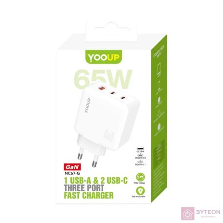 Hálózati töltő 1xUSB + 2xUSB-C aljzattal Yooup 65W NC67-G