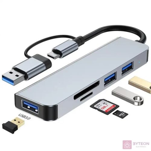 BLACKBIRD USB 3.0 Type-C/USB multiport hub 5in1 3xUSB3.0,SD,TF,ezüst, aluminium ház