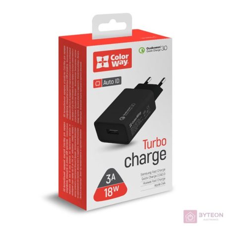COLORWAY USB töltő adapter, 1USB Quick Charge 3.0 (18W) black (CW-CHS013Q-BK)