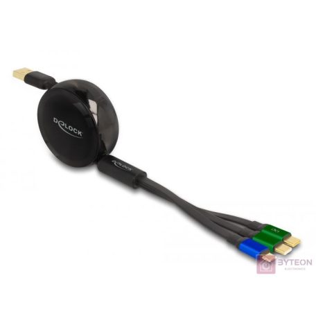 Delock USB 3 az 1-ben visszahúzható töltőkábel Micro USB-hez / 2 x USB Type-C gyorstöltéssel, fekete