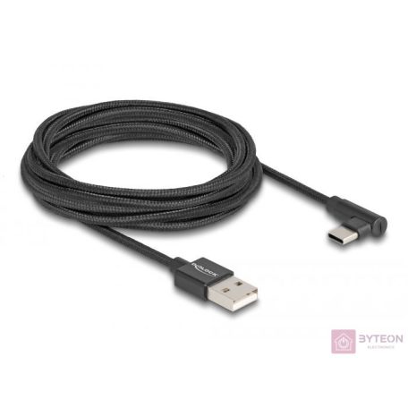 Delock USB 2.0 kábel A-típusú csatlakozódugó - USB Type-C csatlakozódugó, ívelt, 3 m, fekete