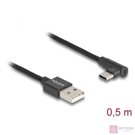 Delock USB 2.0 kábel A-típusú csatlakozódugó - USB Type-C csatlakozódugó, ívelt, 0,5 m, fekete