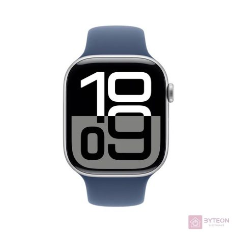 Apple Watch S10 LTE 46mm (Alu, Ezüst, Gumi sportszíj - farmerkék M/L)