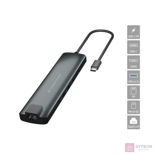 Conceptronic 10-in-1 USB-C 3.2 Gen 1 Adapter - 100W PD, HDMI, 2x USB-C, 3x USB-A, Gbit Ethernet, TF/MicroSD
