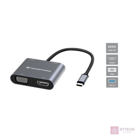 Conceptronic DONN16G 4-in-1 USB 3.2 Gen 1 Dockingstation, HDMI, VGA, USB-A 3.0, 100W USB PD