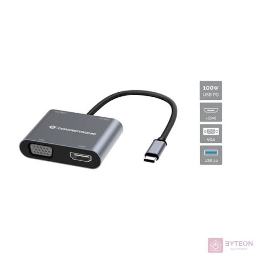 Conceptronic DONN16G 4-in-1 USB 3.2 Gen 1 Dockingstation, HDMI, VGA, USB-A 3.0, 100W USB PD