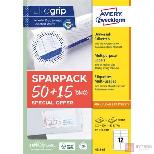 Avery 4781-65 97 x 42,3 mm univerzális 50+15 lap 780 db-os etikett