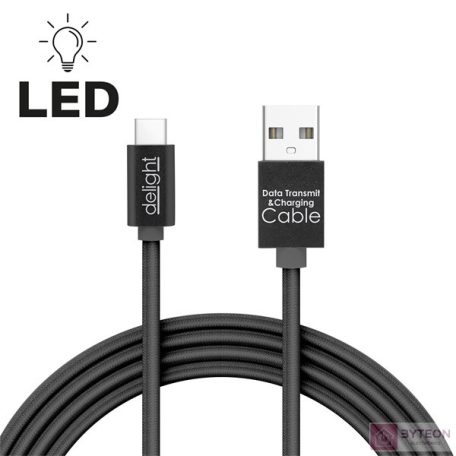 Delight fekete USB Type-C adatkábel LED fénnyel 1m