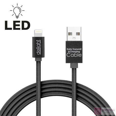 Delight fekete iPhone Lightning adatkábel LED fénnyel 1m
